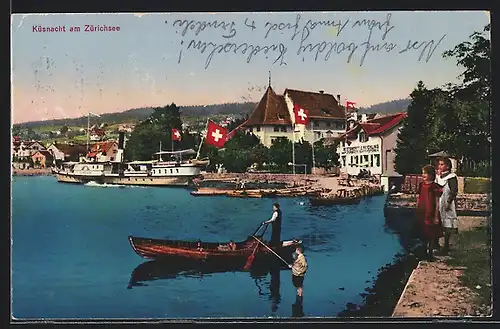 AK Küsnacht am Zürichsee, Gondel mit Rudermann, ein angelndes Kind, zwei Mädchen am Ufer