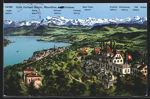 AK Rüschlikon am Zürichsee, Hotel Kurhaus Belvoir mit wehenden Schweizer Flaggen