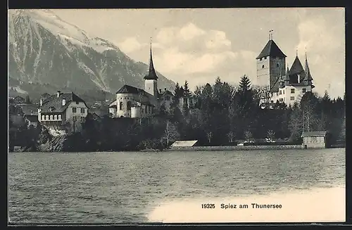 AK Spiez am Thunersee, Seepartie mit Blick auf Schloss und Kirche
