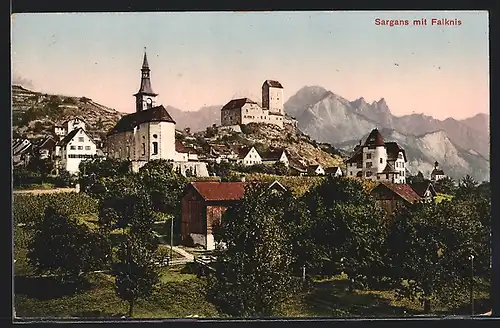 AK Sargans, Ortsansicht mit Falknis, Kirche und Burg