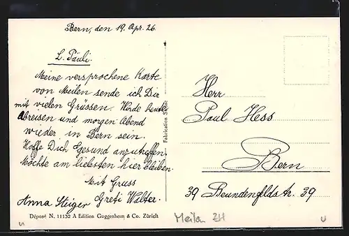 AK Meilen, Seenpartie mit gemaltem Ruderboot vor Stadtpanorama