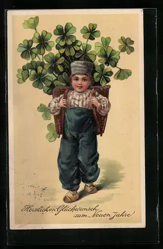 AK Kleiner Junge mit Kiepe voller Glückskleeblätter, Glückwunsch zum neuen Jahre