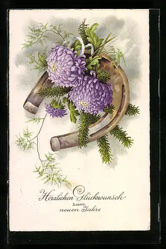 AK Hufeisen mit Tannenzweig und lila Blumen, Neujahrswunsch