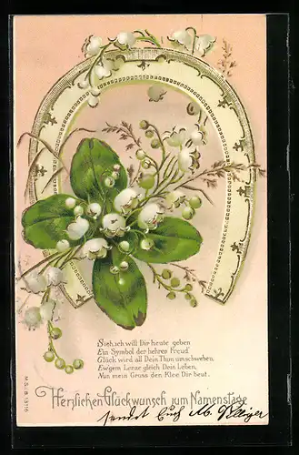 AK Namenstagsgruss mit Hufeisen und Kleeblatt