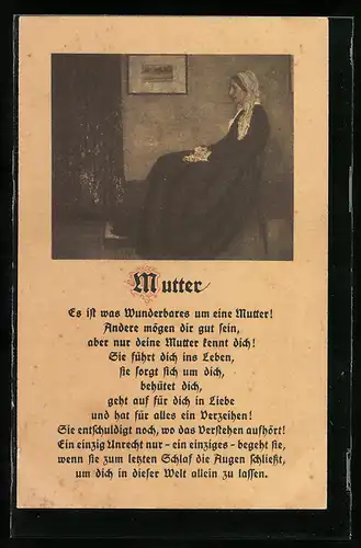 AK Muttertag, Portrait einer alten Frau im Profil, Gedicht