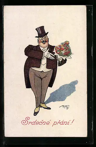AK Herr mit Zylinder und Einglas überreicht Blumenstrauss zum Geburtstag