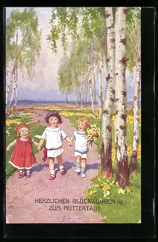 AK Drei kleine Kinder singen der Mama ein Ständchen, Herzliche Muttertagsglückwünsche