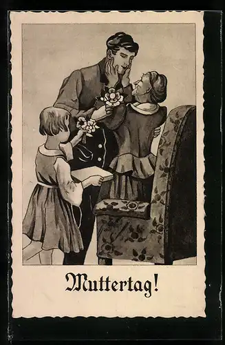 AK Muttertag, Mutter bekommt von ihrem erwachsenen Sohn Blumen überreicht