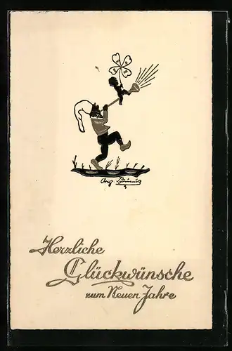 AK Zwerg bläst die Fanfare, Kleines Kind mit Glückskleeblatt, Neujahresgrüsse