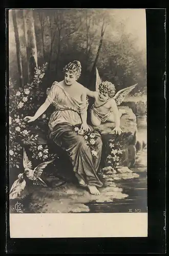 AK Traurige Frau wird von Amor getröstet, Vögelchen beim Turteln