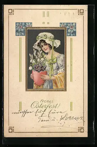 AK Junge Frau mit Haube und Frühlingsblumen, Frohes Osterfest