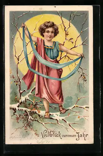 AK Kleines Mädchen auf schneebedeckten Zweig mit blauen Band in den Händen, Neujahrswünsche