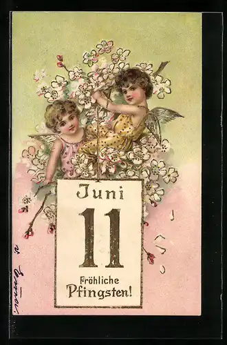 AK Engel mit Frühlingsblumen sitzen auf einem Kalenderblatt, Fröhliche Pfingsten