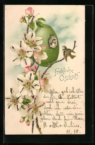 AK Osterei als Vogelhäuschen am Frühlingsstrauch, Fröhliche Ostern