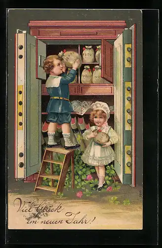 AK Knabe verstaut Geldbeutel im Tresor, Kleeblatt