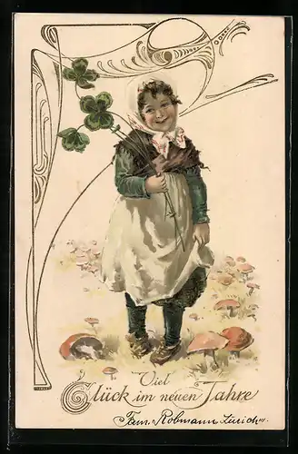 AK Kleines Mädchen mit Glückskleeblättern, Viel Glück im neuen Jahre
