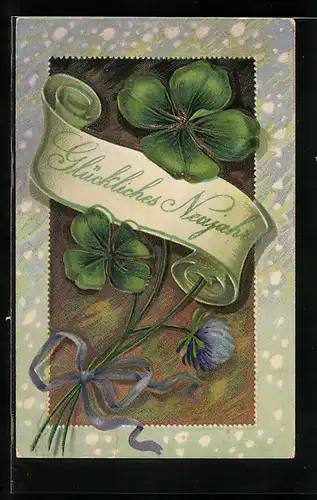 AK Kleeblatt mit Schleife und schriftrolle, Glückliches Neujahr