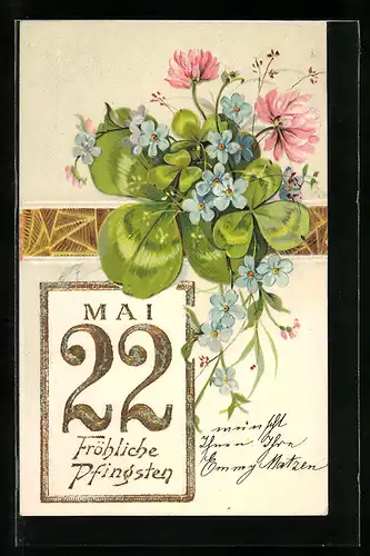 AK Blumenstrauss mit Kleeblättern, Kalenderblatt 22. Mai, Fröhliche Pfingsten
