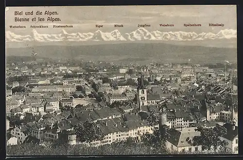 AK Biel, Blick über die Stadt in die Alpen