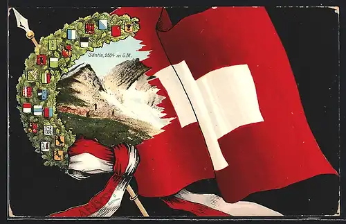 Künstler-AK Säntis, Blick auf den Berg umrahmt von Schweizer Flagge und Kanton-Wappen