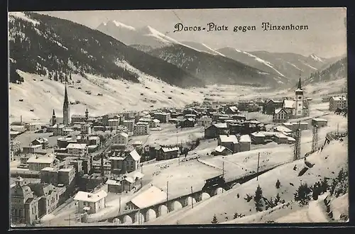 AK Davos-Platz, Ortsansicht im Schnee gegen das Tinzenhorn