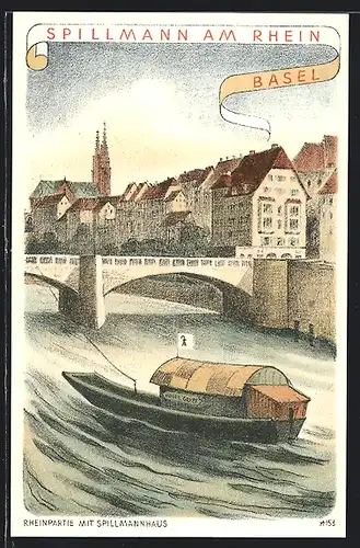 Künstler-AK Basel, Rheinpartie mit Spillmannhaus