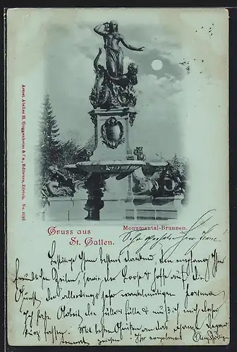 Mondschein-AK St. Gallen, Monumental-Brunnen