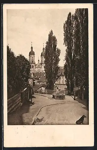 AK St. Gallen, Strassenpartie mit Blick zur Stiftskirche