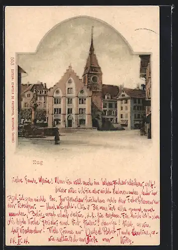 AK Zug, Marktplatz mit Brunnen und Kirche