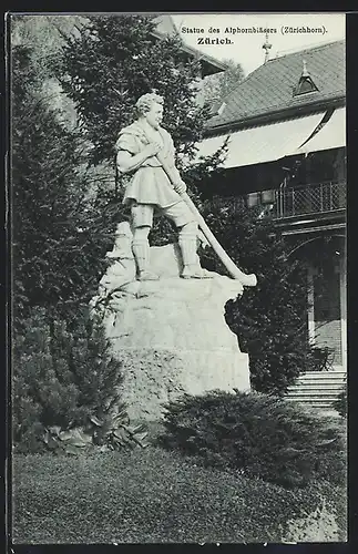 AK Zürich, Statue des Alphornbläsers, Zürichhorn