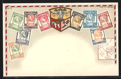 AK Briefmarken, Karte und Wappen von Siam