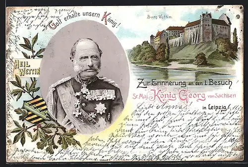 Lithographie Leipzig, Sr. Maj. König Georg von Sachsen zu Besuch in der Stadt