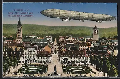 AK Karlsruhe i. B., Stadtansicht mit Zeppelin-Luftschiff vom Schloss gesehen
