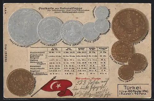 Präge-AK Münzen und Fahne der Türkei, Onlik, Yslik, Lira