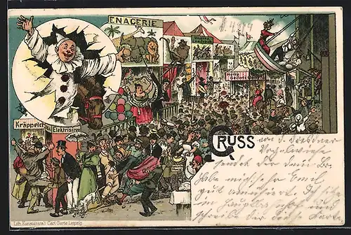 Lithographie Harlekin und Enacerie auf dem Volksfest