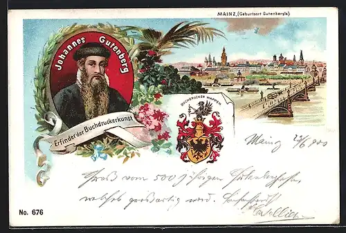 Lithographie Mainz, Ortsansicht mit Dampfschiffen und Porträt Johannes Gutenberg