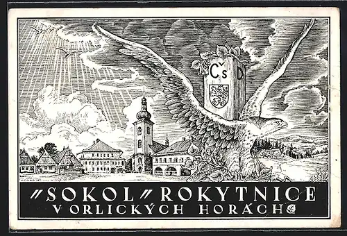 Künstler-AK Rokitnitz / Rokytnice v Orlickych Horach, Sokol, Ortsansicht, Adler