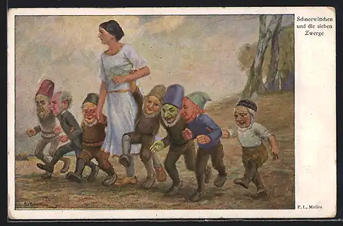 Künstler-AK Paul Lothar Müller: Schneewittchen und die sieben Zwerge im Wald