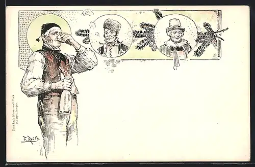 Künstler-AK Fritz Reiss: Schwarzwälder Tracht, Älterer Herr trinkt aus einem Glas