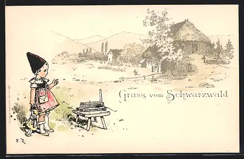 Künstler-AK Fritz Reiss: Gruss vom Schwarzwald, Mädchen in Tracht mit Puppe und Mausefalle