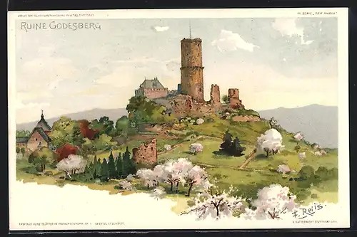 Lithographie Bad Godesberg, Ruine Godesberg im Frühling