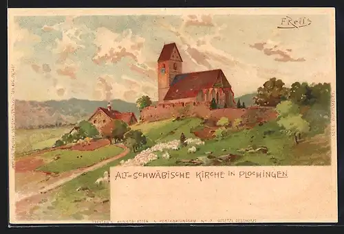 Künstler-Lithographie F. Reiss: Plochingen, Alt-schwäbische Kirche