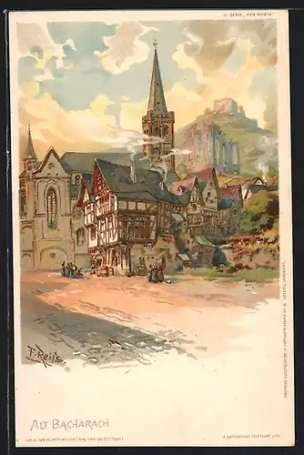 Künstler-AK Fritz Reiss: Alt-Bacharach, Ortspartie mit Kirche