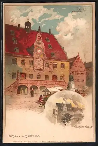 Lithographie Heilbronn a. Neckar, Rathaus und Kätchenburg