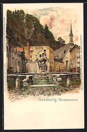 Künstler-Lithographie Otto Strützel: Salzburg, Motiv der Pferdeschwemme