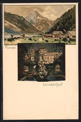 Künstler-AK Otto Strützel: Linderhof und Plansee