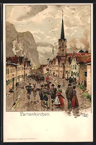 Künstler-AK Otto Strützel: Partenkirchen, Menschen in Trachten auf der Strasse