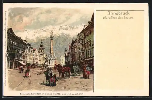 Künstler-Lithographie Otto Strützel: Innsbruck, Maria Theresien-Strasse