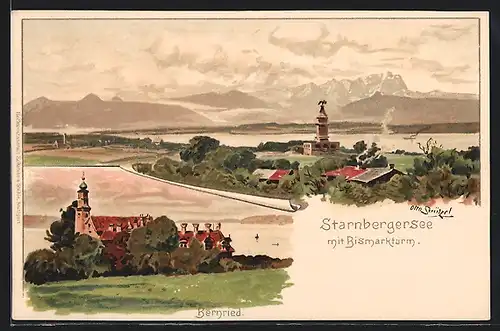 Künstler-AK Otto Strützel: Starnbergersee, Panorama mit Bismarkturm & Bernried