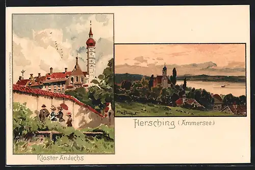 Künstler-AK Otto Strützel: Hersching / Ammersee, Kloster Andechs und Ortsansicht vom Berg aus